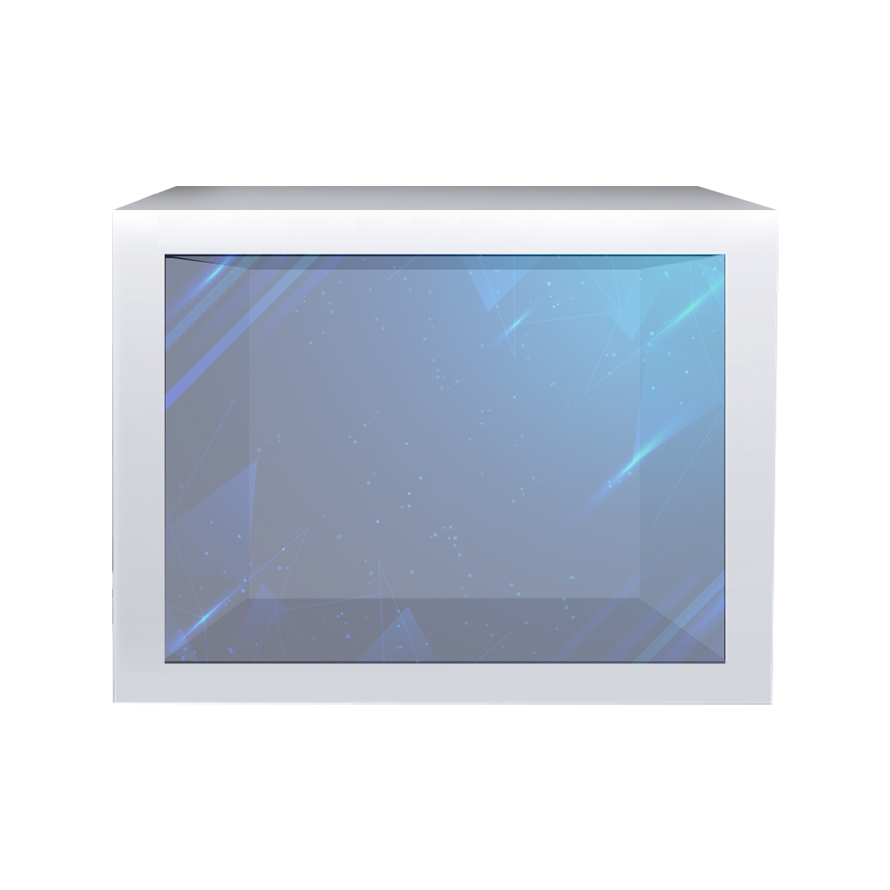 Caja con pantalla transparente para promoción de productos.
